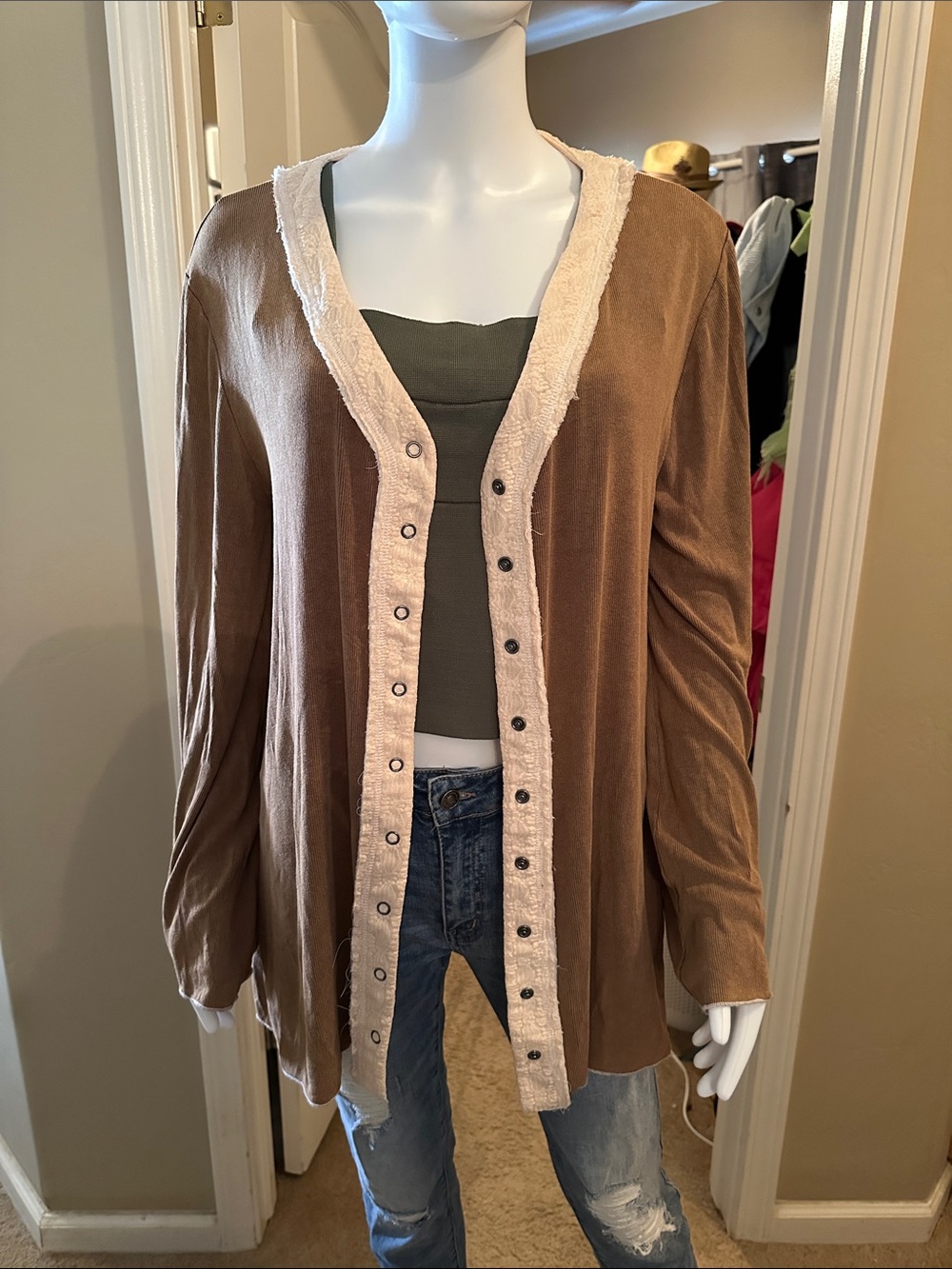 POL Tan Ribbed Top with Cream Collar Detail